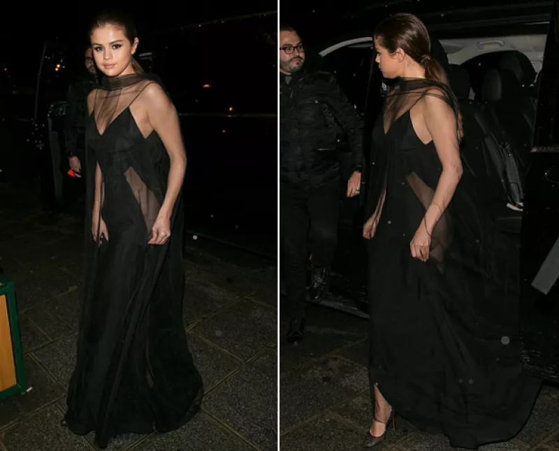 Parece que a la cantante no le importó haber enseñado de más con sus atrevidos looks y ahora luce este arriesgado vestido con transparencias a los lados.