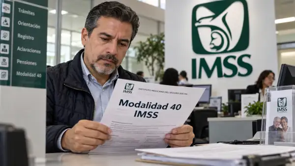 Hombre revisa un documento con la leyenda “Modalidad 40 IMSS” dentro de una oficina del IMSS, con el logotipo institucional visible al fondo.