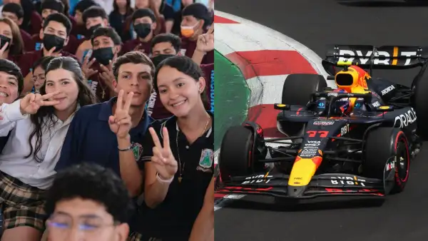 Jóvenes estudiantes de bachillerato (izquierda) y un auto de la Fórmula 1 (derecha).