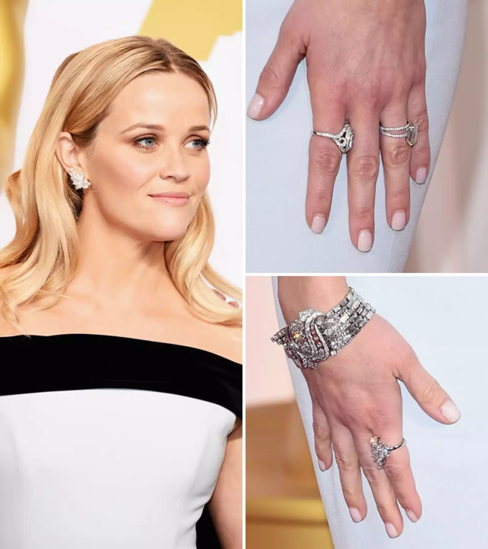 Reese Witherspoon usó aretes, pulsera y anillos de diamantes de Tiffany & Co.