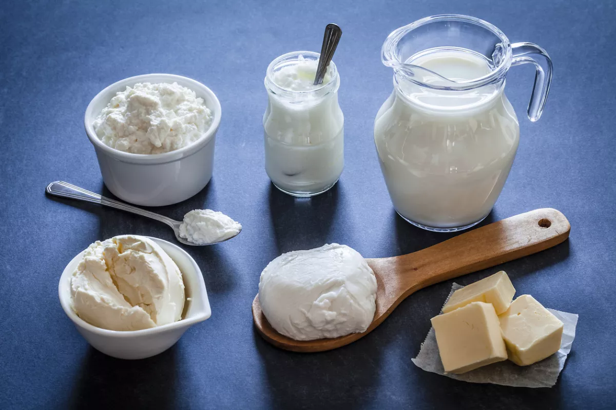 Dairy products shot on bluish tint kitchen table