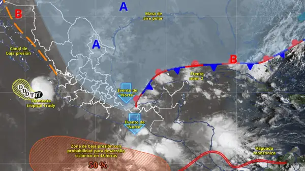 Mapa satelital de México en color gris con líneas rojas y azules que marcan fenómenos meteorológicos.jpg