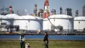 La gente juega con un perro en el Parque Higashi-Ogishima Higashi, ya que se ven tanques de almacenamiento de energía cerca de una refinería de petróleo en la Zona Industrial de Keihin, un importante cinturón industrial de la Bahía de Tokio, en la ciudad de Kawasaki el 15 de marzo de 2026.