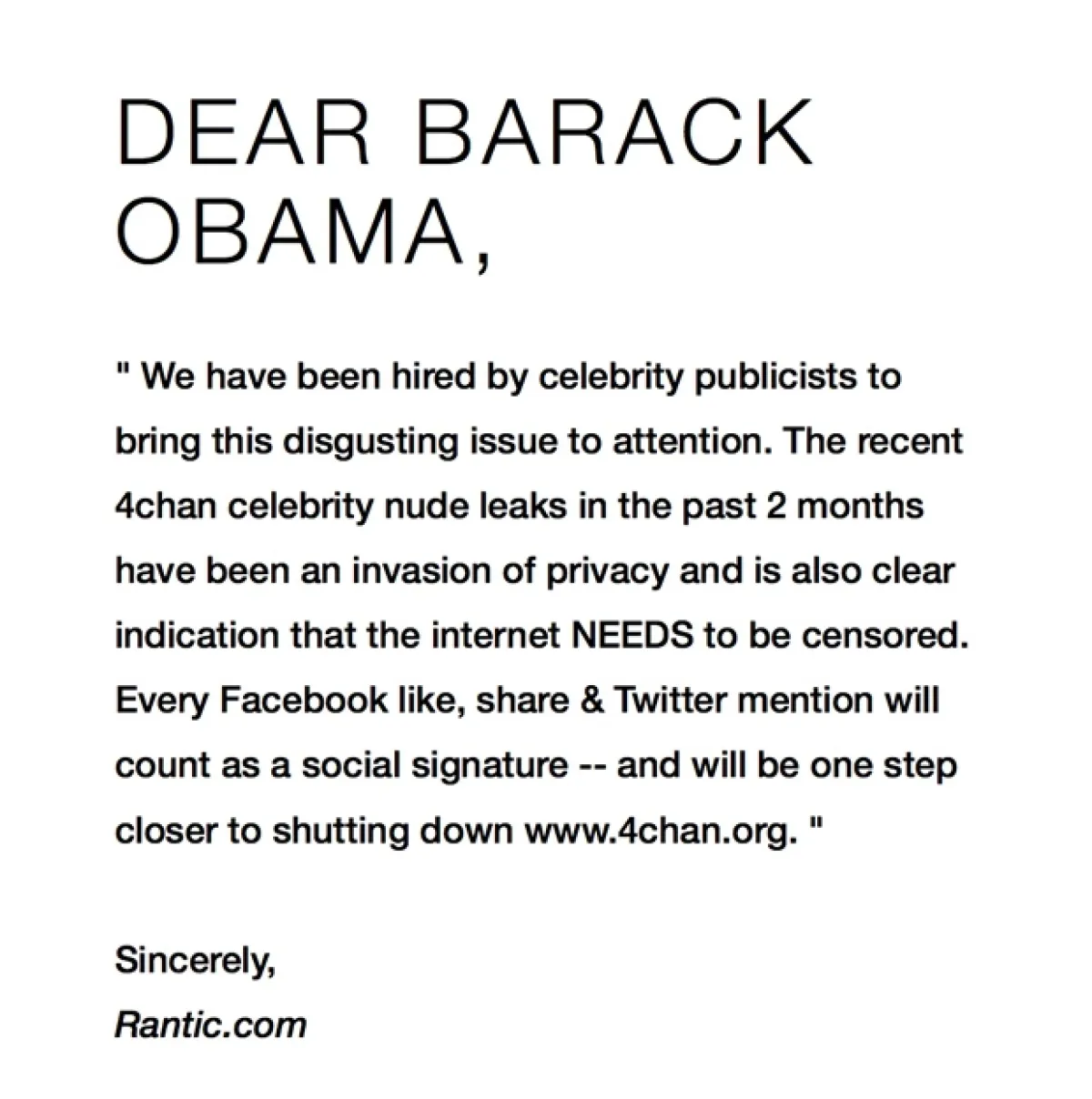 Rantic dirigió esta carta al presidente de Estados Unidos de parte de los publicistas de celebridades, cuyas identidades no fueron reveladas.
