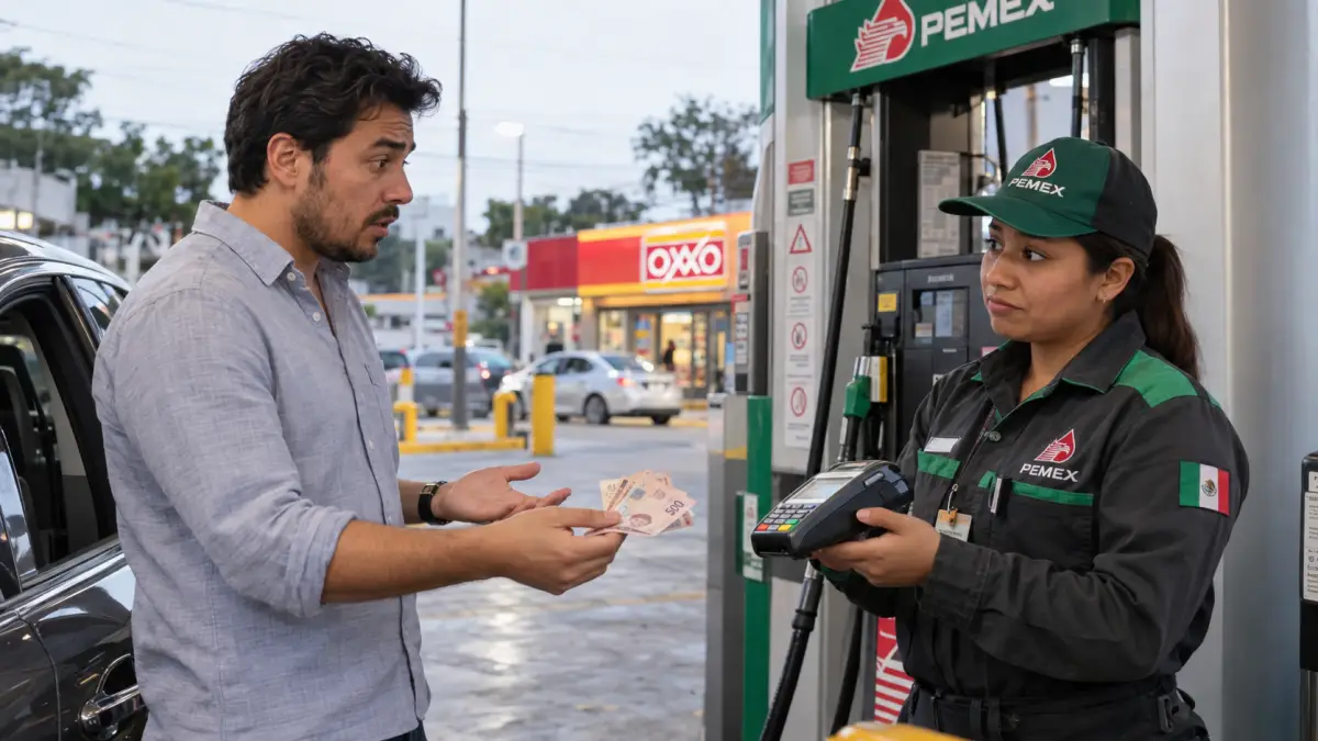 Un hombre intenta pagar la gasolina en efectivo; sin embargo, la gasolinera solo acepta pagos con tarjeta o a través de CoDi, como parte de la aplicación gradual de la Ley de Economía Digital, cuya prueba comenzó en gasolineras y casetas.