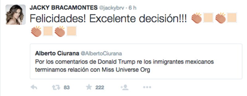 Ante la decisión de Univisión de terminar la relación con Miss Universo, Jacky aplaudió el apoyo que le ofrecieron a los mexicanos y a los latinos.