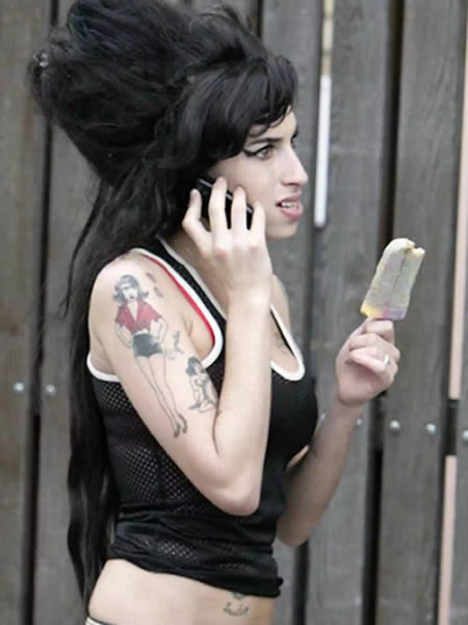 La polémica cantante Amy Winehouse tiene en total siete tatuajes; caricaturas de mujeres provocativas, un ave, una herradura y una pluma en sus brazos y un ancla que dice “Hello, sailor” en el abdomen.