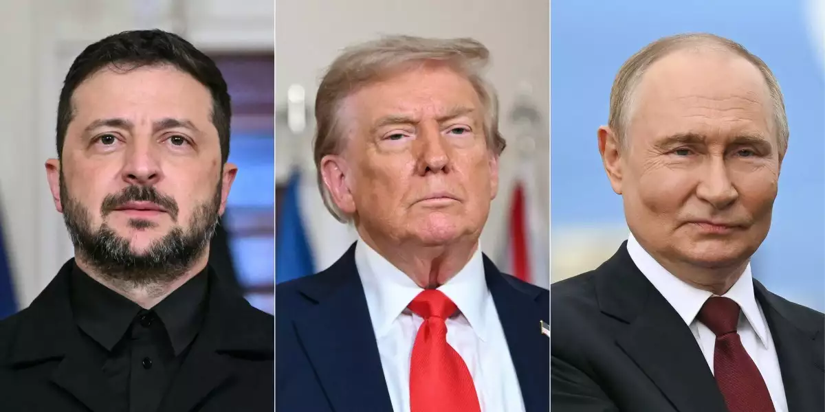 (COMBO) Esta combinación de imágenes creadas el 18 de agosto de 2025 muestra al presidente estadounidense Donald Trump y al presidente ucraniano Volodymyr Zelensky en Washington, DC, el 18 de agosto de 2025 y el presidente ruso Vladimir Putin en Anchorage, Alaska, el 15 de agosto de 2025. El presidente de los Estados Unidos, Donald Trump, dijo el 18 de agosto que había comenzado a organizar una reunión de paz bidireccional entre el ucraniano Volodymyr Zelensky y el ruso Vladimir Putin, que será seguida de conversaciones a tres bandas que se involucren a sí mismo.