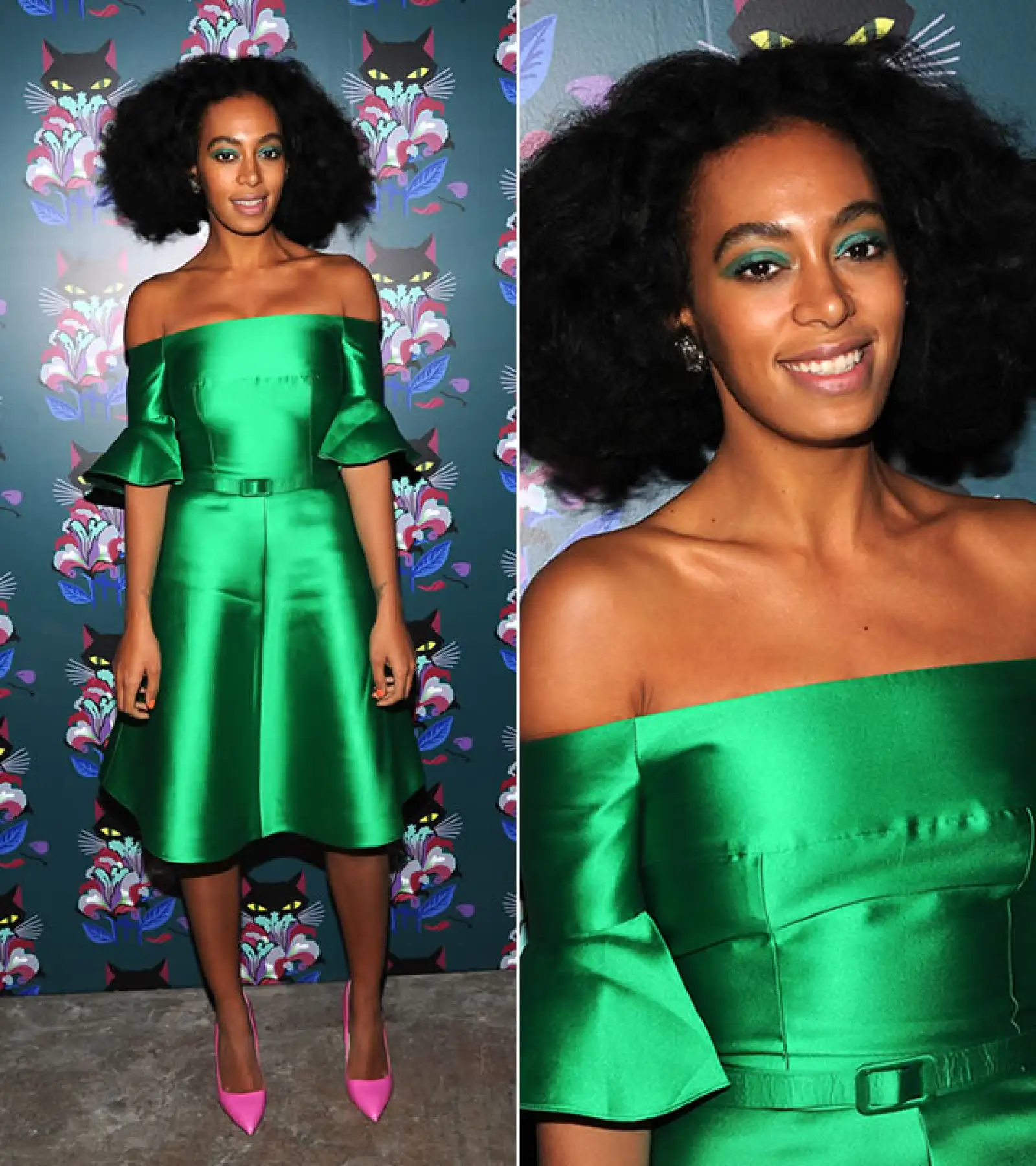 Miu Miu Womens Tales `Spark and Light´ Screening, 2014: Solange llevó un vestido off the shoulder de Carven, colección Resort 2014 con unos pumps rosas de Rupert Sanderson. Volvió a llevar sombras verdes intensas y su clásico afro.