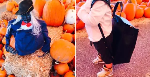 La familia visitó un campo de calabazas.
