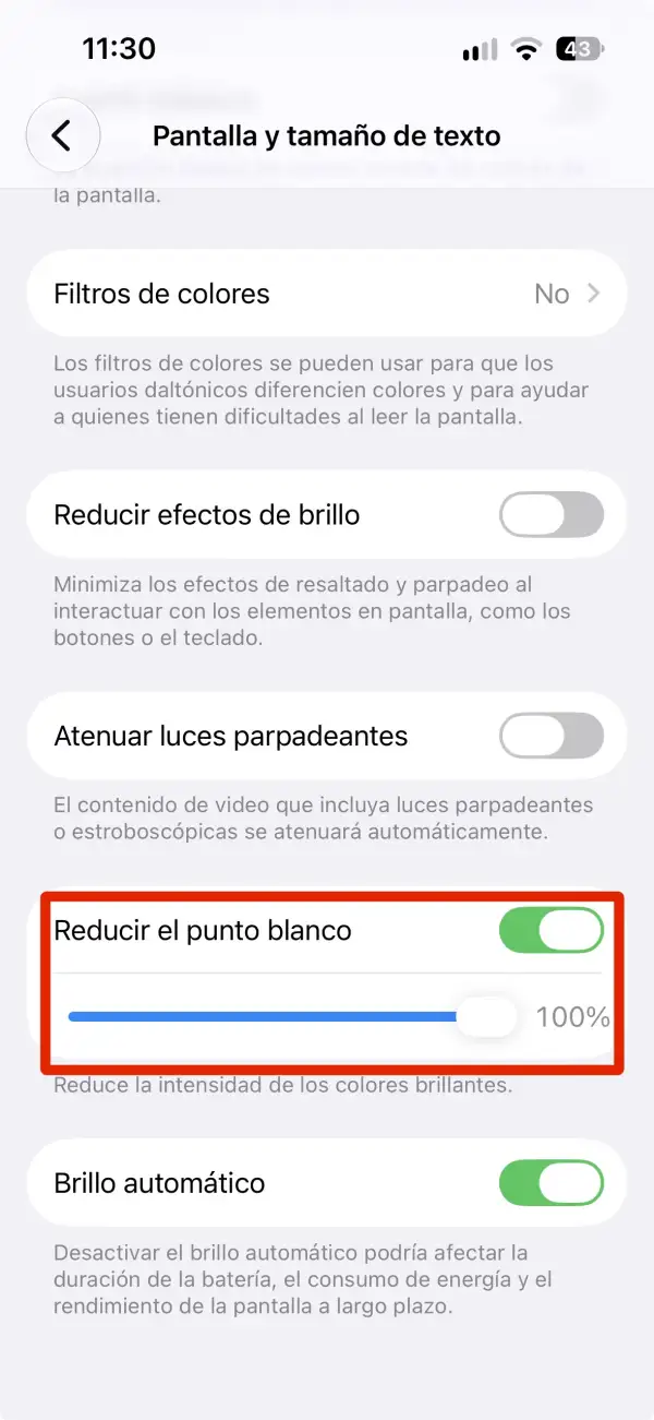 La imagen muestra el menú de reducción de punto blanco en el iPhone para reducir la cantidad de luz en la pantalla dependiendo del porcentaje que se elija.
