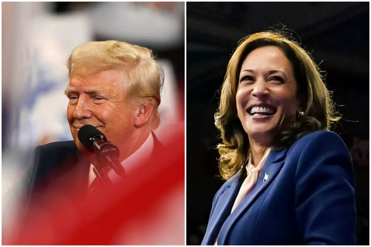Una imagen combinada muestra al candidato presidencial republicano y expresidente de los EE. UU. Donald Trump reaccionando durante un mitin de campaña celebrado con el candidato republicano a la vicepresidencia, el senador JD Vance, en Atlanta, Georgia, EE. UU., el 3 de agosto de 2024, y a la vicepresidenta de los EE. UU. y candidata presidencial demócrata Kamala Harris reaccionando mientras realiza un mitin de campaña con su nuevo compañero de fórmula a la vicepresidencia, el gobernador de Minnesota Tim Walz, en Filadelfia, Pensilvania, EE. UU., el 6 de agosto de 2024.