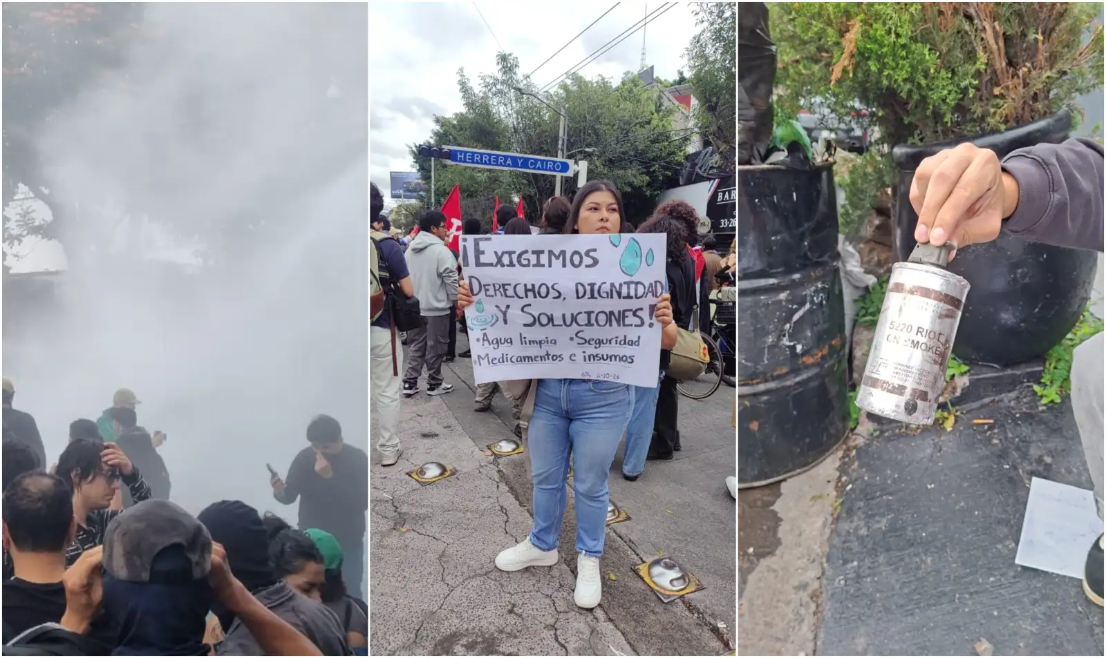 En tres imágenes: manifestantes son rociados con gas lacrimógeno; una joven sostiene un cartel donde pide se garantice el derecho al agua en Guadalajara y una mano sostiene una lata de gas lacrimógeno.