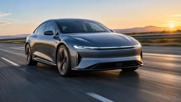 Automóvil eléctrico moderno circulando a gran velocidad sobre una carretera, con fondo desenfocado y apariencia dinámica.