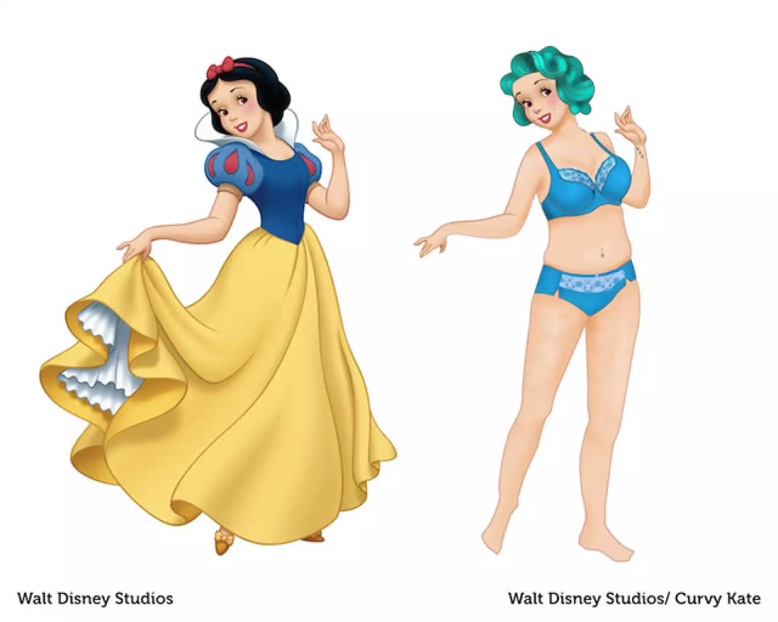 Blancanieves tiene una figura digna de una pin-up, además de una melena teñida de azul, un tatuaje en la muñeca y hasta un piercing en el ombligo.