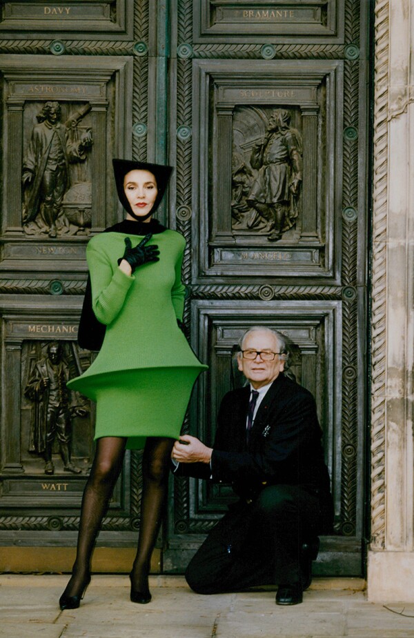 Fashion Designer Pierre Cardin And Model Marise Gaspard Who Is Wearing The Green Hoop Dress He Has Donated To The V&a Museum Box 739 1016031714 A.jpg.