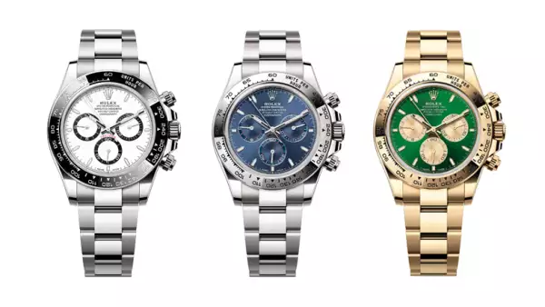 Foto de tres versiones del reloj Cosmograph Perpetual Daytona de Rolex en color plateado y dorado.