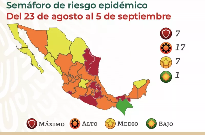 Mapa COVID México, semáforo del 23 de agosto al 5 de septiembre 
