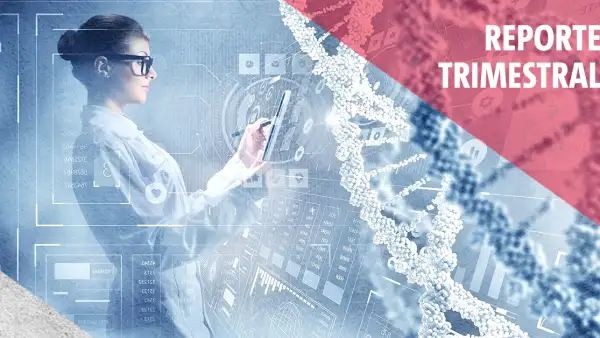 Imagen horizontal que combina elementos de ciencia, tecnología y análisis de datos. En el lado izquierdo aparece una mujer de perfil, con el cabello recogido, lentes oscuros y una bata blanca, que interactúa con una interfaz digital transparente mediante una tableta. A su alrededor se despliegan gráficos, diagramas, cifras, iconos y líneas geométricas que evocan el análisis científico y la investigación tecnológica.