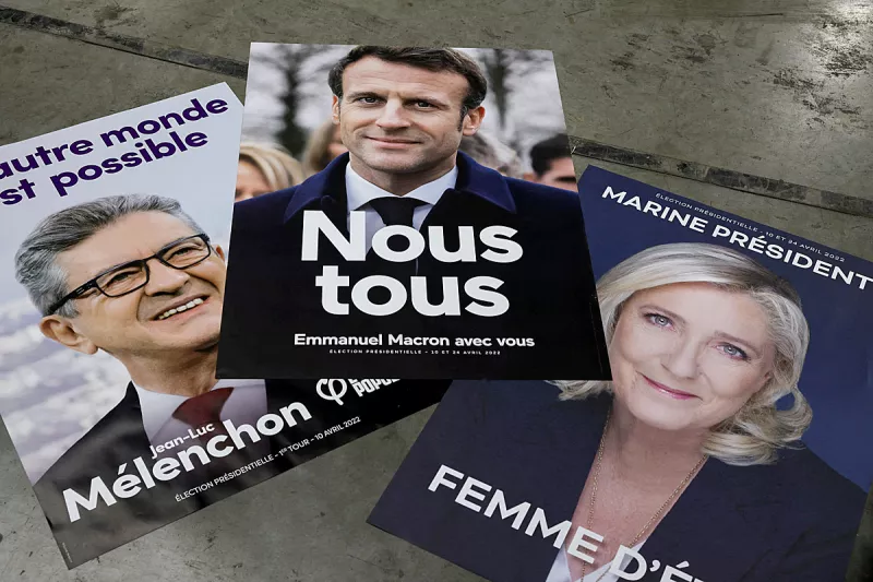 Official campaign posters of French presidential election candidates are displayed at France Affichage Plus dispatch hub in Mitry-Mory