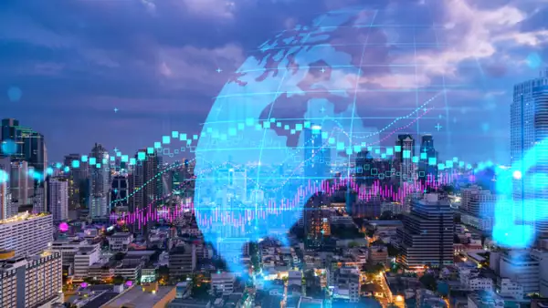 Gráfico financiero con ciudad de fondo.