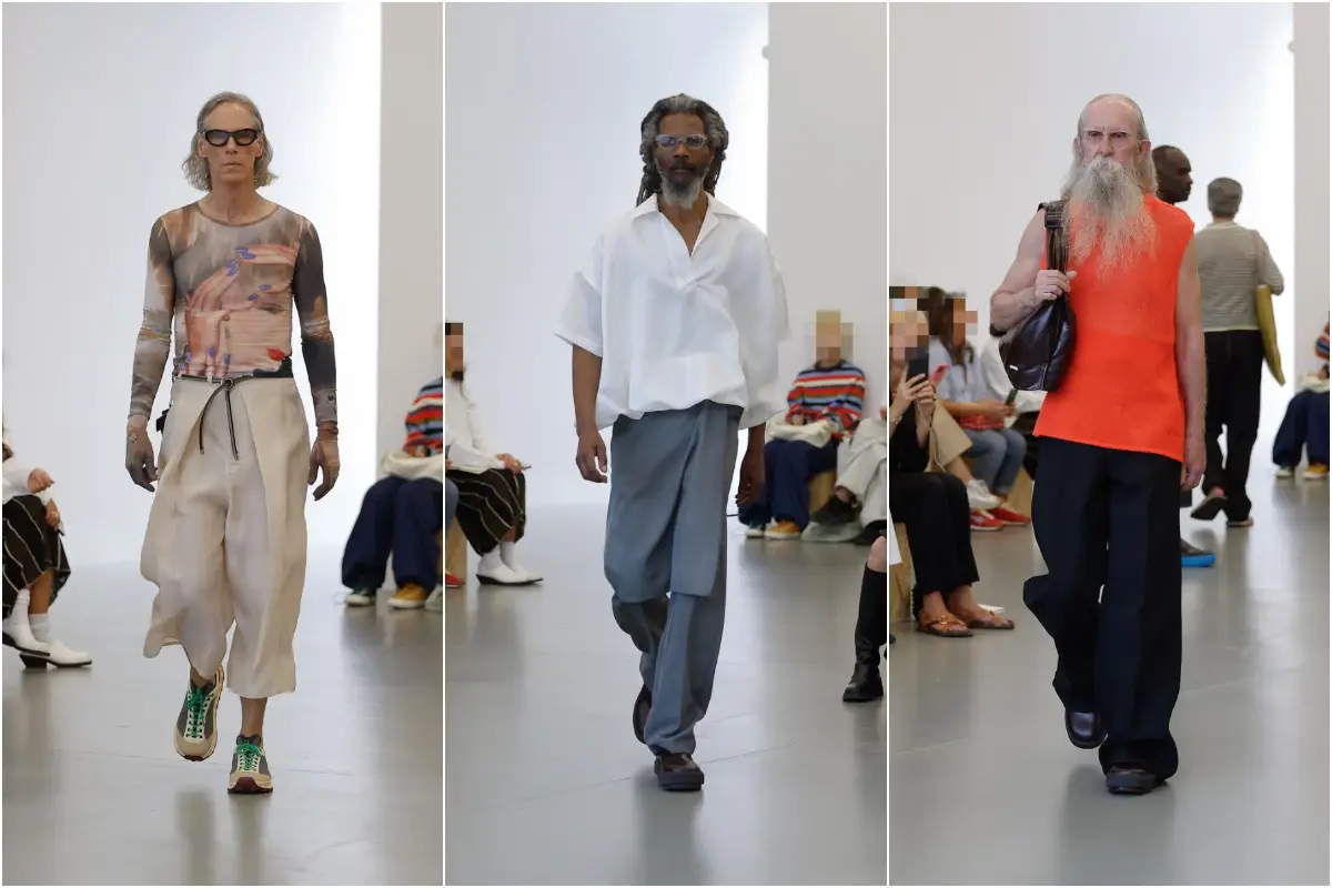 Foto collage de modelos hombres de edad avanzada (adultos mayores) en la pasarela de Sunnei