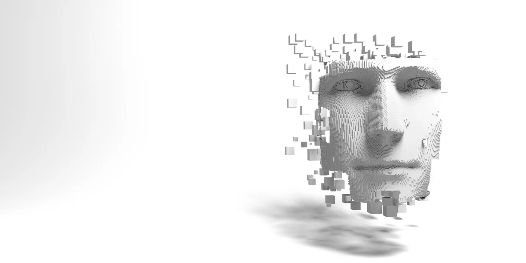 Artificial intelligence conceptual face made of dissolving vortexes with place for copy