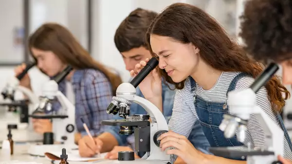 Biology class at high school lab