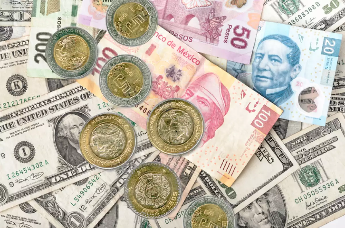 Billetes y monedas de dólares y pesos.