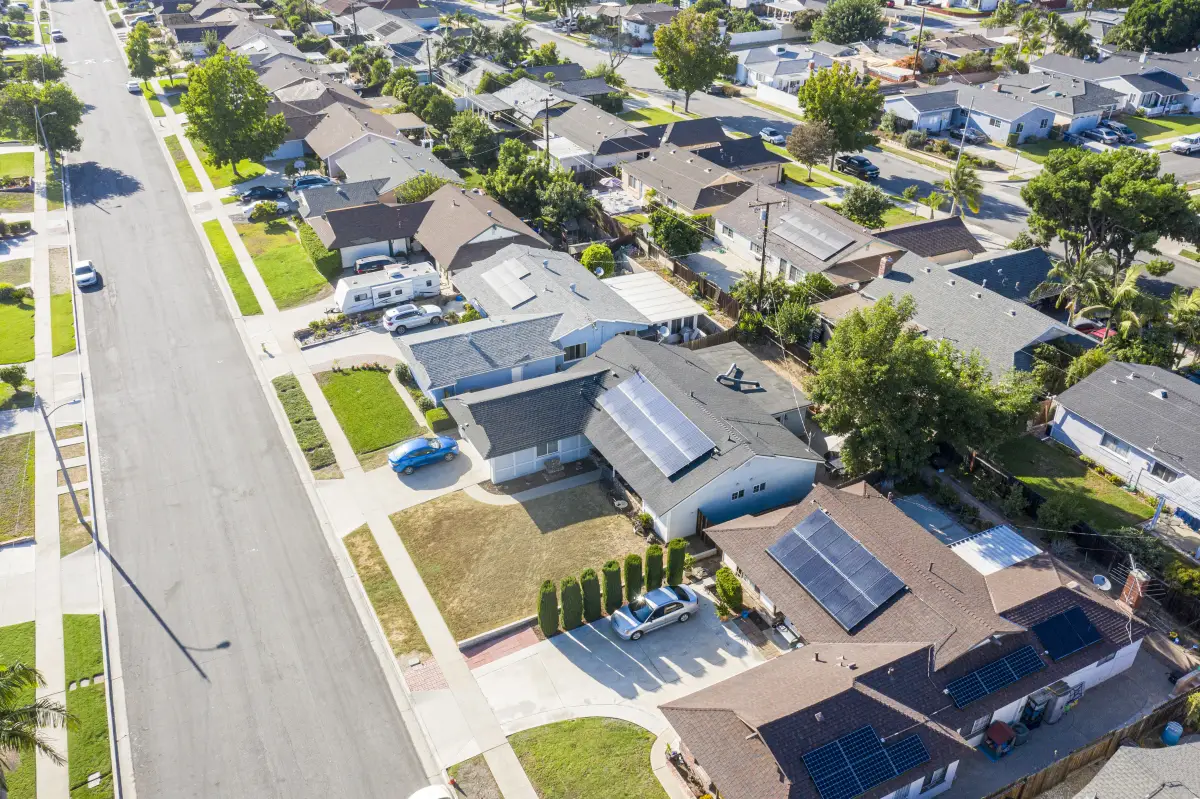 Aerial Neighborhood with Solar Panels