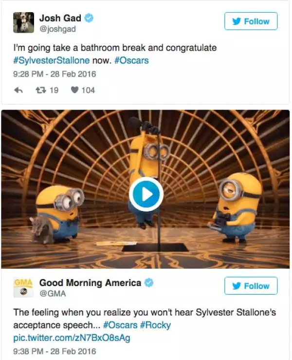 Algunos expresaron su molestia con GIFS: El sentimiento cuando te das cuenta que no escuchas el discurso de aceptación de Sylvester Stallone.