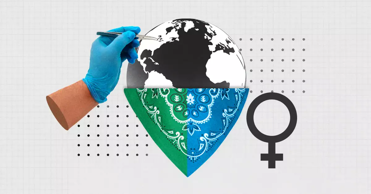 Países con aborto legal (Imagen conceptual de un globo terráqueo con un pañuelo verde y azul cielo y una mano con un guante azul y pinzas)
