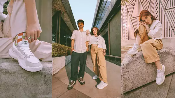 Tres fotos en una, de izquierda a derecha: close up a los sneakers Vans UltraRange Neo VR3, en la segunda imagen están Caloncho y Nath Campos y en la tercera es Nath luciendo los sneakers de Vans. 