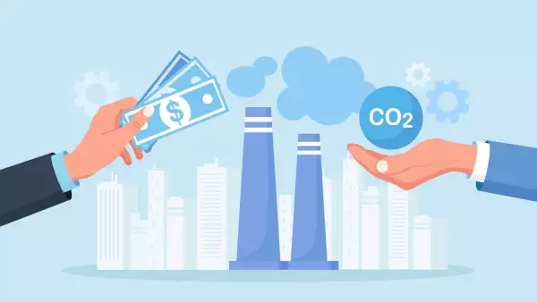 Businessman Paying Carbon tax. GHG Payment as Environmental Fee to Reduce CO2. Greenhouse Gas Cost of Emission or Pollution, Charged for Global Warming. Factory Pipe Emitting Toxic Smoke