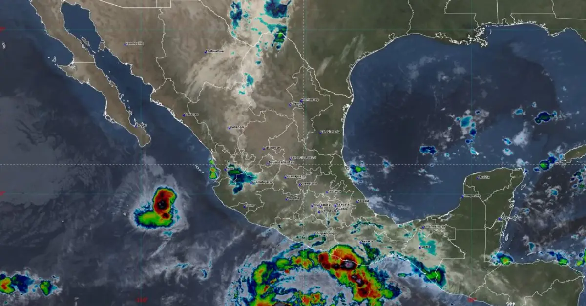 Mapa satelital de México en color gris con vivos en rojo, verde y azul que marcan en paso del huracán y otros fenómenos.jpg