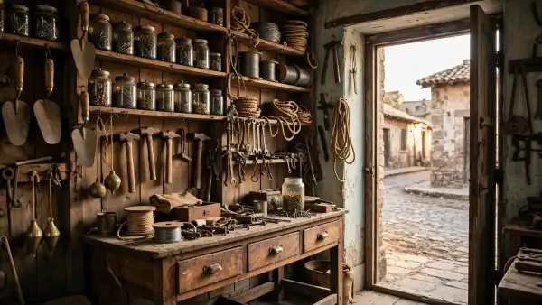 Tlapalería antigua, estantes de madera, frascos con clavos, cucharas de albañil, martillos, plomadas de latón, rollos de cuerda y alambre, con la puerta abierta a calle empedrada.