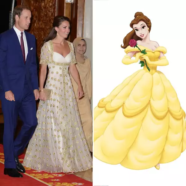 En 2012 en una visita a Malasia usó este vestido Alexander McQueen en color crema con detalles dorados que nos recordó un poco al look de Bella en La Bella y la Bestia.