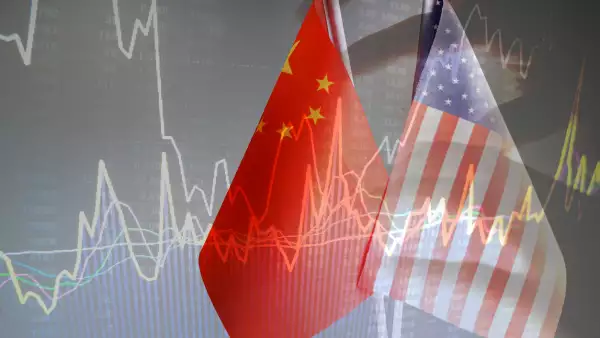China amd USA flag with grey background studio shot