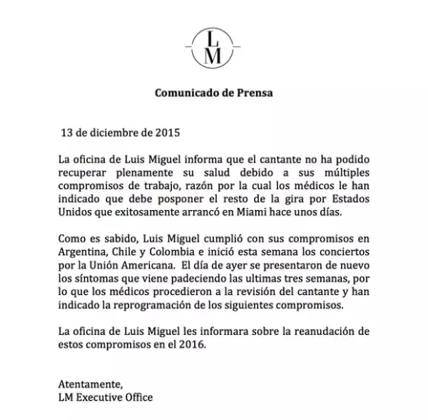 Este fue el comunicado que la oficina del cantante difundió en redes sociales.