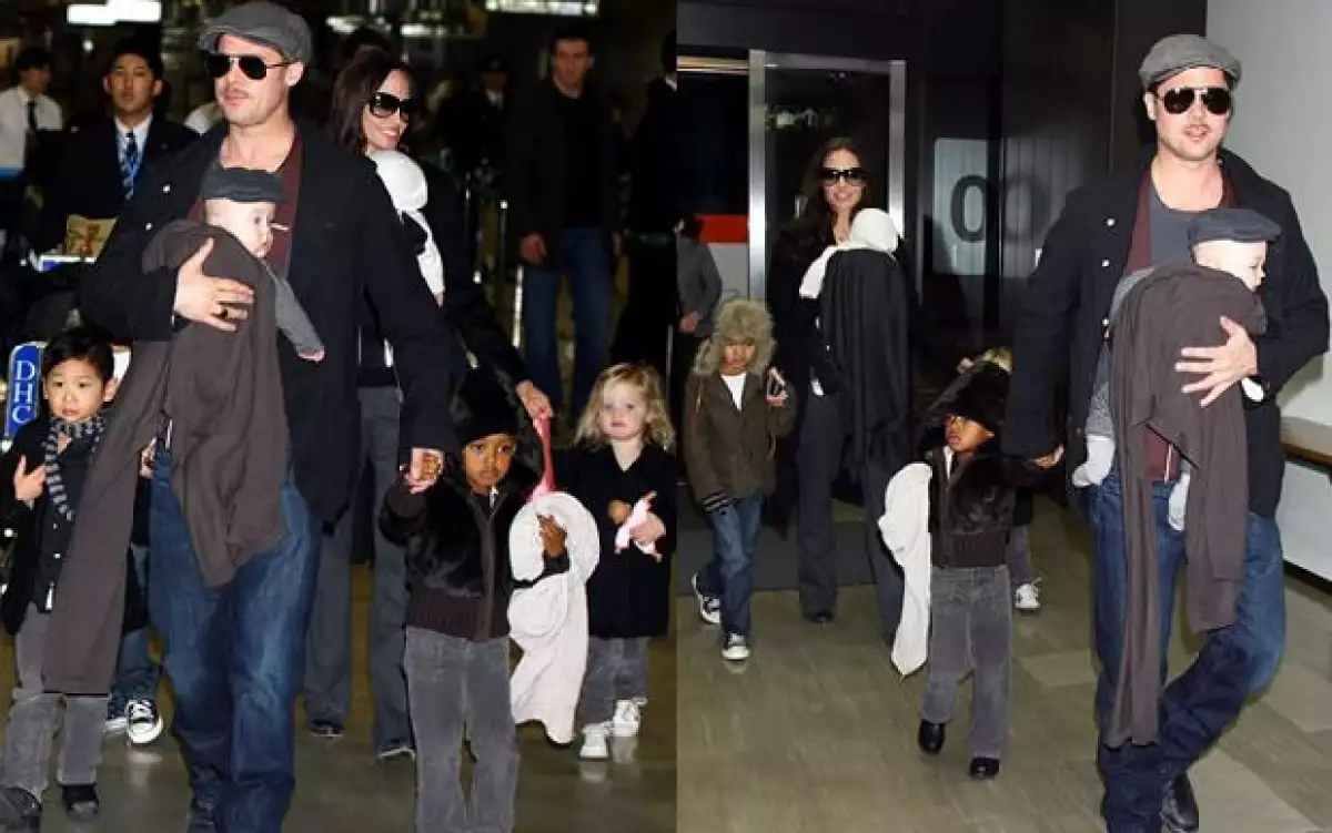 Los actores viajaron para presentar la cinta El Curioso Caso de Benjamin Button; la pareja fue captada en el aeropuerto de Narita, cerca de Tokio, con sus seis niños.