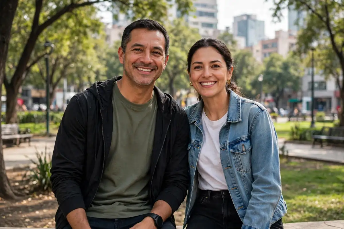 Pareja de mediana edad sonriendo, en el fondo se ve una parte de la Alameda Central