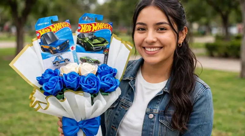Una chica joven sosteniendo un ramo de con carros de hot wheels junto a flores de listones azules y blancas.