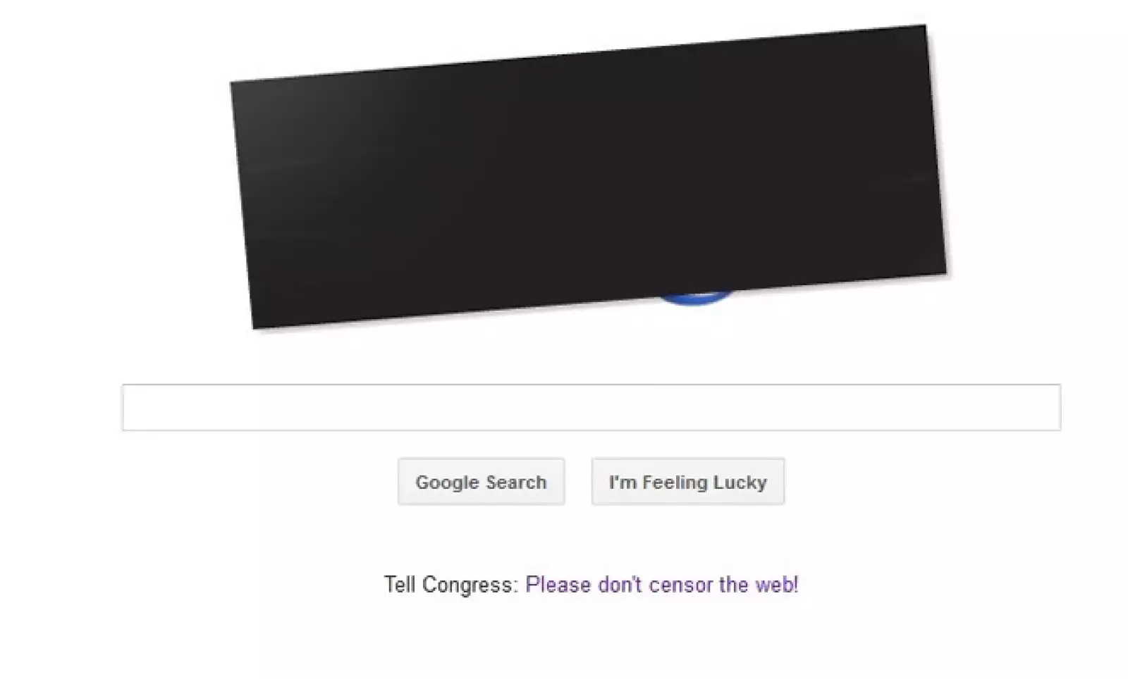 El principal buscador de Internet cubrió su logo con un rectángulo negro y una leyenda, con un enlace en la parte baja que dice ‘Dile al Congreso: Por favor, no censuren Internet”.