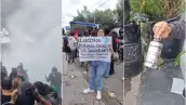 En tres imágenes: manifestantes son rociados con gas lacrimógeno; una joven sostiene un cartel donde pide se garantice el derecho al agua en Guadalajara y una mano sostiene una lata de gas lacrimógeno.