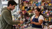 Un hombre joven pagando con tarjeta en una tienda de la esquina.