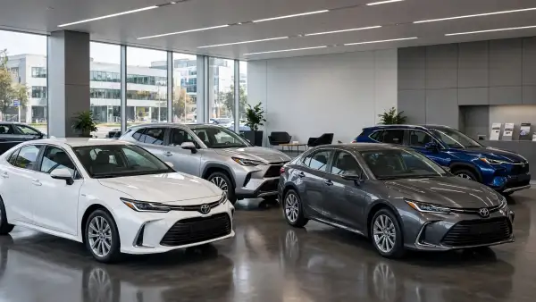 Un concesionario en el que se observan distintos modelos de vehículos de la marca Toyota.
