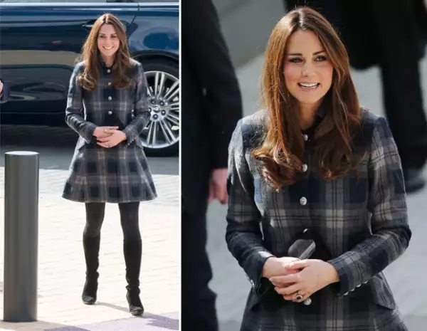Kate Middleton portó un saco a cuadros. De hecho, medios ingleses aseguraron que la Duquesa mostró mucha pierna.