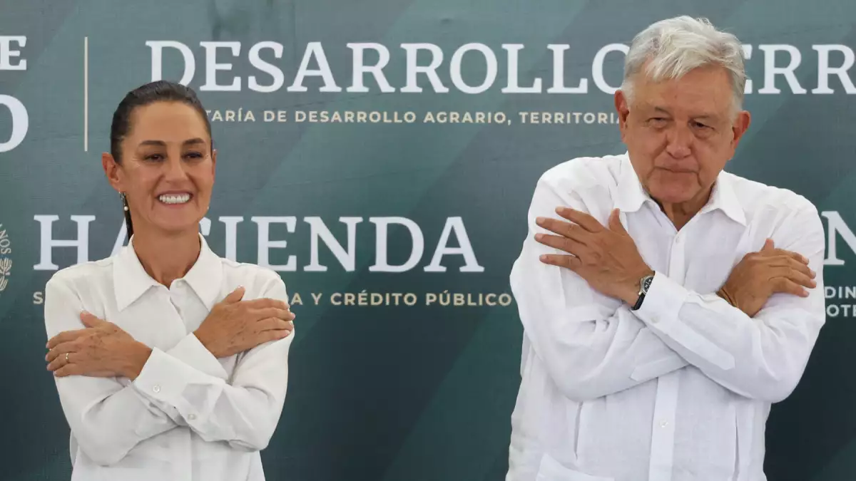 Mexico's President Andres Manuel Lopez Obrador and President-elect Claudia Sheinbaum hold an event with relatives of Pasta de Conchos miners, in Nueva Rosita