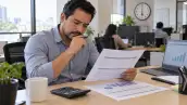 Trabajador revisa documentos de nómina junto a una calculadora y una computadora, con un reloj de pared al fondo.