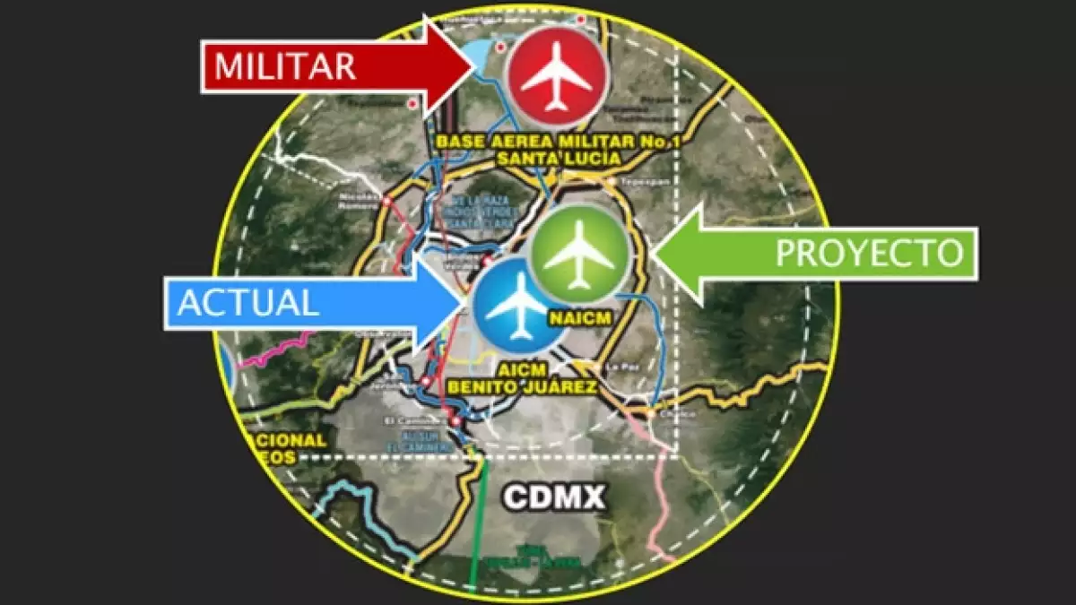 La ubicación del NAICM en comparación con el actual aeropuerto y la base militar de Santa Lucía